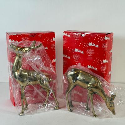 LOT 228: Enesco Brass Reindeer in Box & Brass Deer w/ Sled