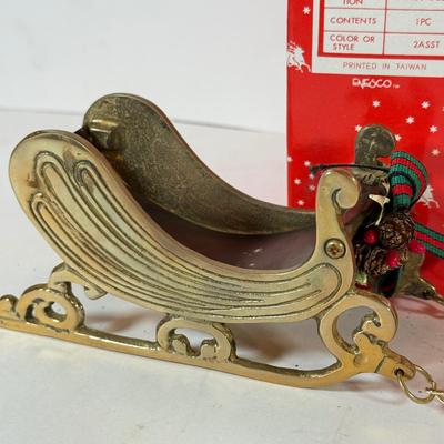 LOT 228: Enesco Brass Reindeer in Box & Brass Deer w/ Sled