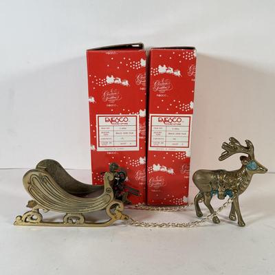 LOT 228: Enesco Brass Reindeer in Box & Brass Deer w/ Sled