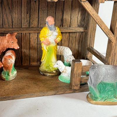 LOT 231X: Vintage Wooden Creche w/ Nativity Figure Set incl 3 Angels