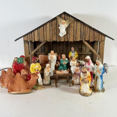 LOT 231X: Vintage Wooden Creche w/ Nativity Figure Set incl 3 Angels