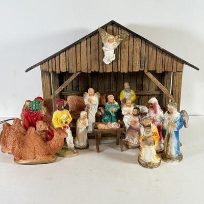 LOT 231X: Vintage Wooden Creche w/ Nativity Figure Set incl 3 Angels