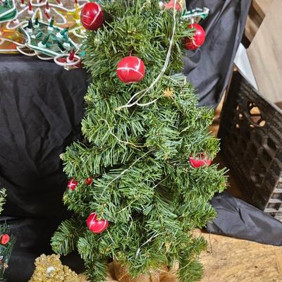 Vintage Lot of 9 Misc Christmas Decorations Including Pillows, Light Up Tinsel Star and Small Trees