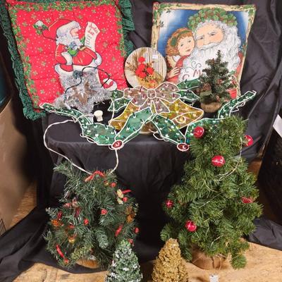 Vintage Lot of 9 Misc Christmas Decorations Including Pillows, Light Up Tinsel Star and Small Trees