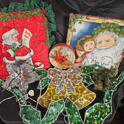 Vintage Lot of 9 Misc Christmas Decorations Including Pillows, Light Up Tinsel Star and Small Trees
