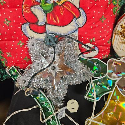 Vintage Lot of 9 Misc Christmas Decorations Including Pillows, Light Up Tinsel Star and Small Trees