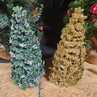 Vintage Lot of 9 Misc Christmas Decorations Including Pillows, Light Up Tinsel Star and Small Trees