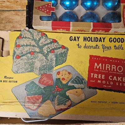 Vintage Lot of 5 Christmas Decorations Including Tray-n-Coasters, Glass Ornaments in Original Boxes and Tree Cake Mold Set