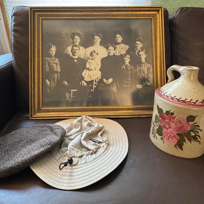 Antique photo, hand painted jug and 2 hats