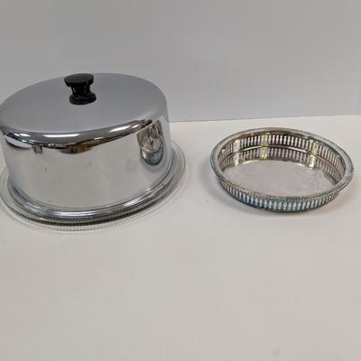Retro Chrome Domed Cake Cover & Plate - Silverplated Tray