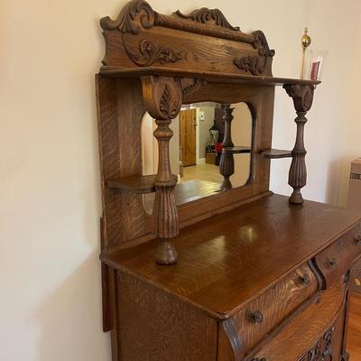 Antique Oak Sideboard with Beveled Glass Mirror (DR-MG)