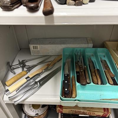 Sale Photo Thumbnail #1430: Comes with two shelves of vintage knives and vintage Cory knife sharpener