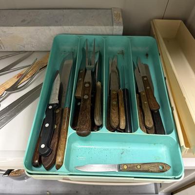Sale Photo Thumbnail #1431: Comes with two shelves of vintage knives and vintage Cory knife sharpener