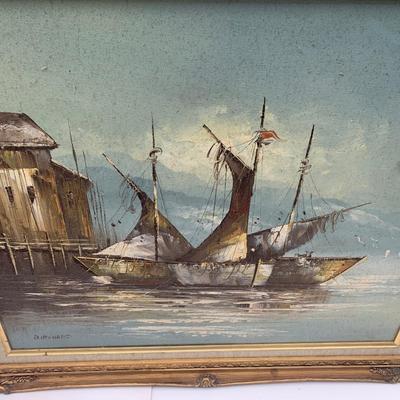 Signed / Framed Oil on Canvas Seaport Scene