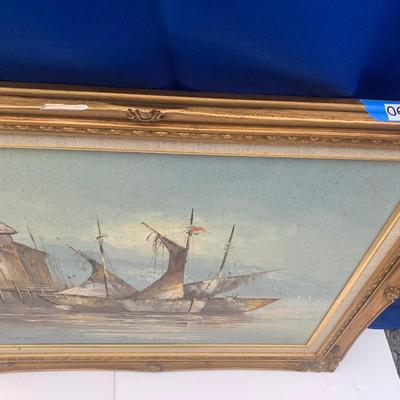 Signed / Framed Oil on Canvas Seaport Scene