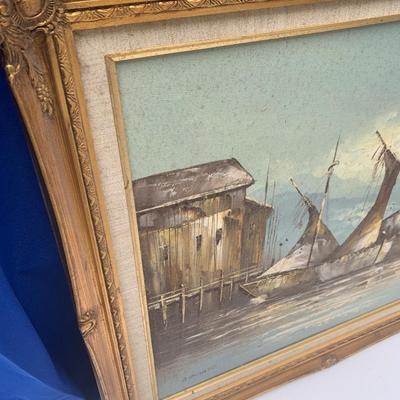 Signed / Framed Oil on Canvas Seaport Scene