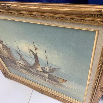 Signed / Framed Oil on Canvas Seaport Scene