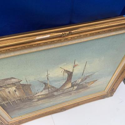 Signed / Framed Oil on Canvas Seaport Scene