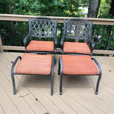 Two Cast Aluminum Chairs & Ottomans with Cushions (D-MG)