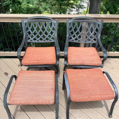 Two Cast Aluminum Chairs & Ottomans with Cushions (D-MG)