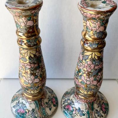 PAIR Antique Rose Madallion Candlesticks