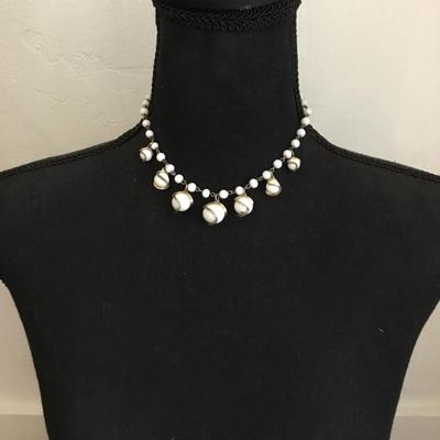 Cool Rare vintage white milk glass choker collar necklace, silver toned, very retro