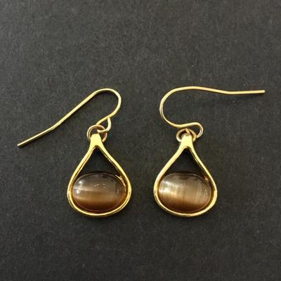 Beautiful, gold, toned, gemstone, tigers, eye type dangle earrings
