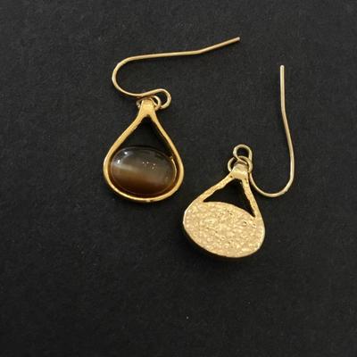Beautiful, gold, toned, gemstone, tigers, eye type dangle earrings