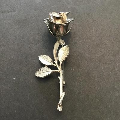 Vintage silver tone, longstem, rose brooch