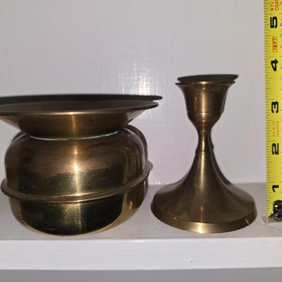 Brass spitoon and candlestick