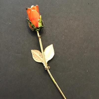 Vintage orange, Rosebud, green enamel, gold tone, pin brooch