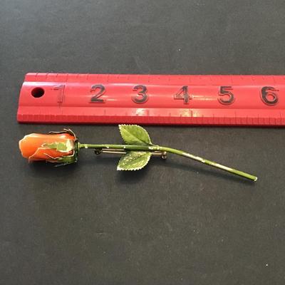 Vintage orange, Rosebud, green enamel, gold tone, pin brooch