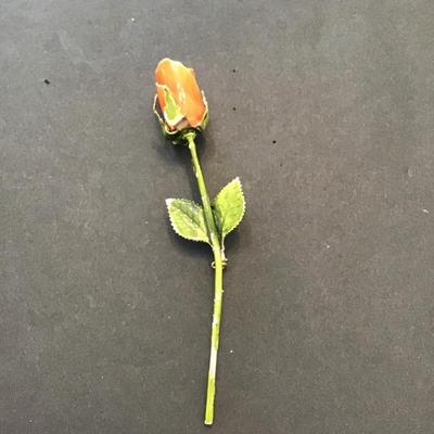 Vintage orange, Rosebud, green enamel, gold tone, pin brooch