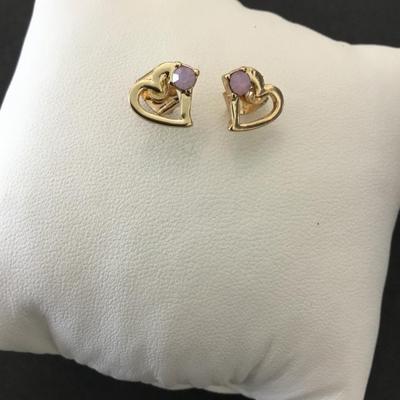 Cute, gold tone, pink opal essence, heart stud earrings