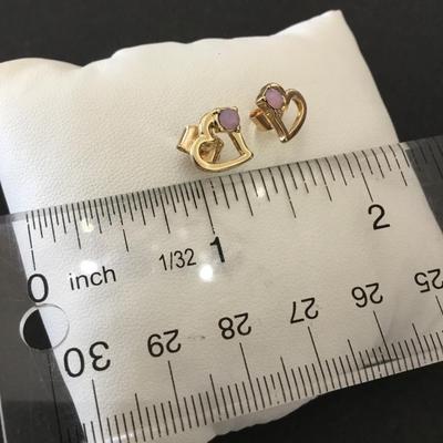 Cute, gold tone, pink opal essence, heart stud earrings
