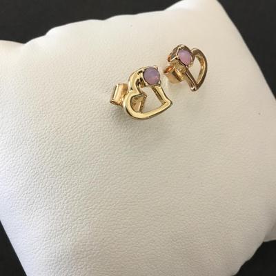 Cute, gold tone, pink opal essence, heart stud earrings