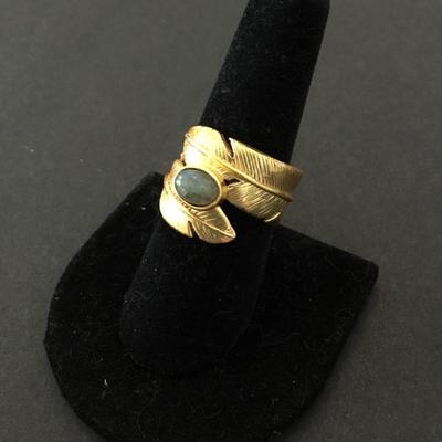 Beautiful very nice gold toned opal type stone feather cocktail ring very nice