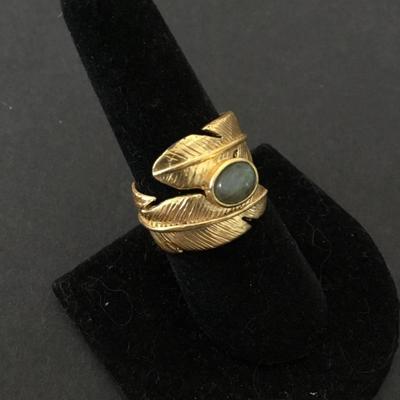 Beautiful very nice gold toned opal type stone feather cocktail ring very nice
