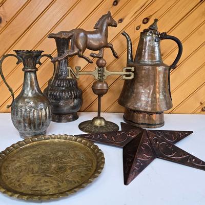 LOT 79F: Brass Horse Weathervane with Decorative Metal Vases and Plaques
