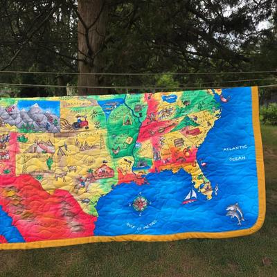 LOT 82L: Vibrant Vintage Quilts, Two USA Map Themed & One Hearts/Patchwork Baby Comforter, Made in Mullica Hill, NJ