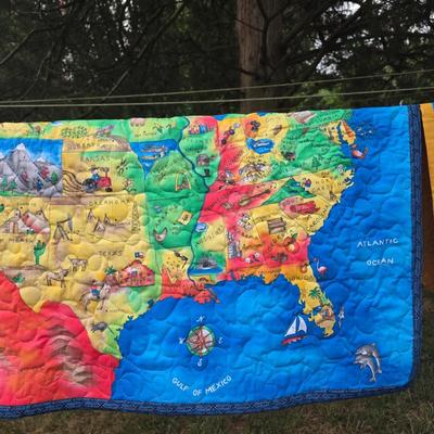 LOT 82L: Vibrant Vintage Quilts, Two USA Map Themed & One Hearts/Patchwork Baby Comforter, Made in Mullica Hill, NJ