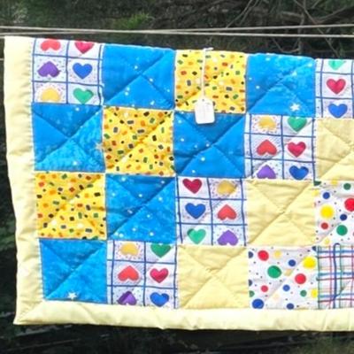 LOT 82L: Vibrant Vintage Quilts, Two USA Map Themed & One Hearts/Patchwork Baby Comforter, Made in Mullica Hill, NJ