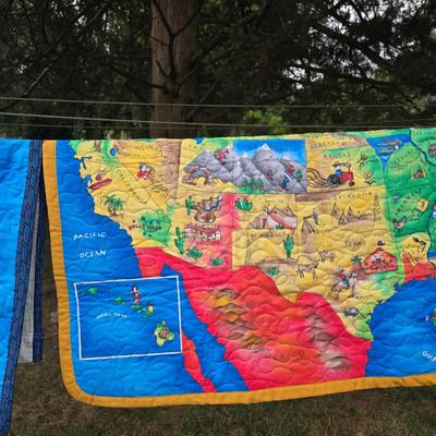 LOT 82L: Vibrant Vintage Quilts, Two USA Map Themed & One Hearts/Patchwork Baby Comforter, Made in Mullica Hill, NJ