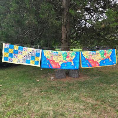 LOT 82L: Vibrant Vintage Quilts, Two USA Map Themed & One Hearts/Patchwork Baby Comforter, Made in Mullica Hill, NJ