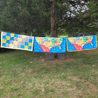LOT 82L: Vibrant Vintage Quilts, Two USA Map Themed & One Hearts/Patchwork Baby Comforter, Made in Mullica Hill, NJ
