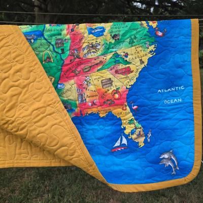 LOT 82L: Vibrant Vintage Quilts, Two USA Map Themed & One Hearts/Patchwork Baby Comforter, Made in Mullica Hill, NJ