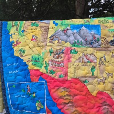LOT 82L: Vibrant Vintage Quilts, Two USA Map Themed & One Hearts/Patchwork Baby Comforter, Made in Mullica Hill, NJ