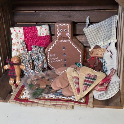 LOT 101S: Crate W/Gingerbread Door Stop, Ornaments, Table Mats, Stocking & More