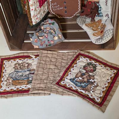 LOT 101S: Crate W/Gingerbread Door Stop, Ornaments, Table Mats, Stocking & More