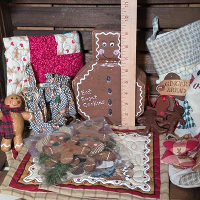 LOT 101S: Crate W/Gingerbread Door Stop, Ornaments, Table Mats, Stocking & More